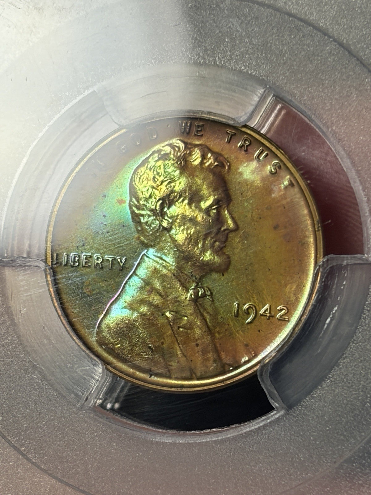 1942 PCGS PR65 BN Lincoln Wheat Cent Incredible Monster Toned Neon Green Blue