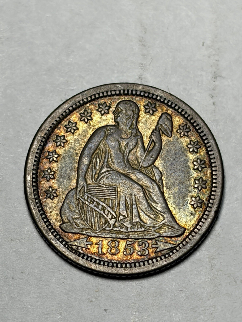 1853 With Arrows Seated Liberty Dime Toned