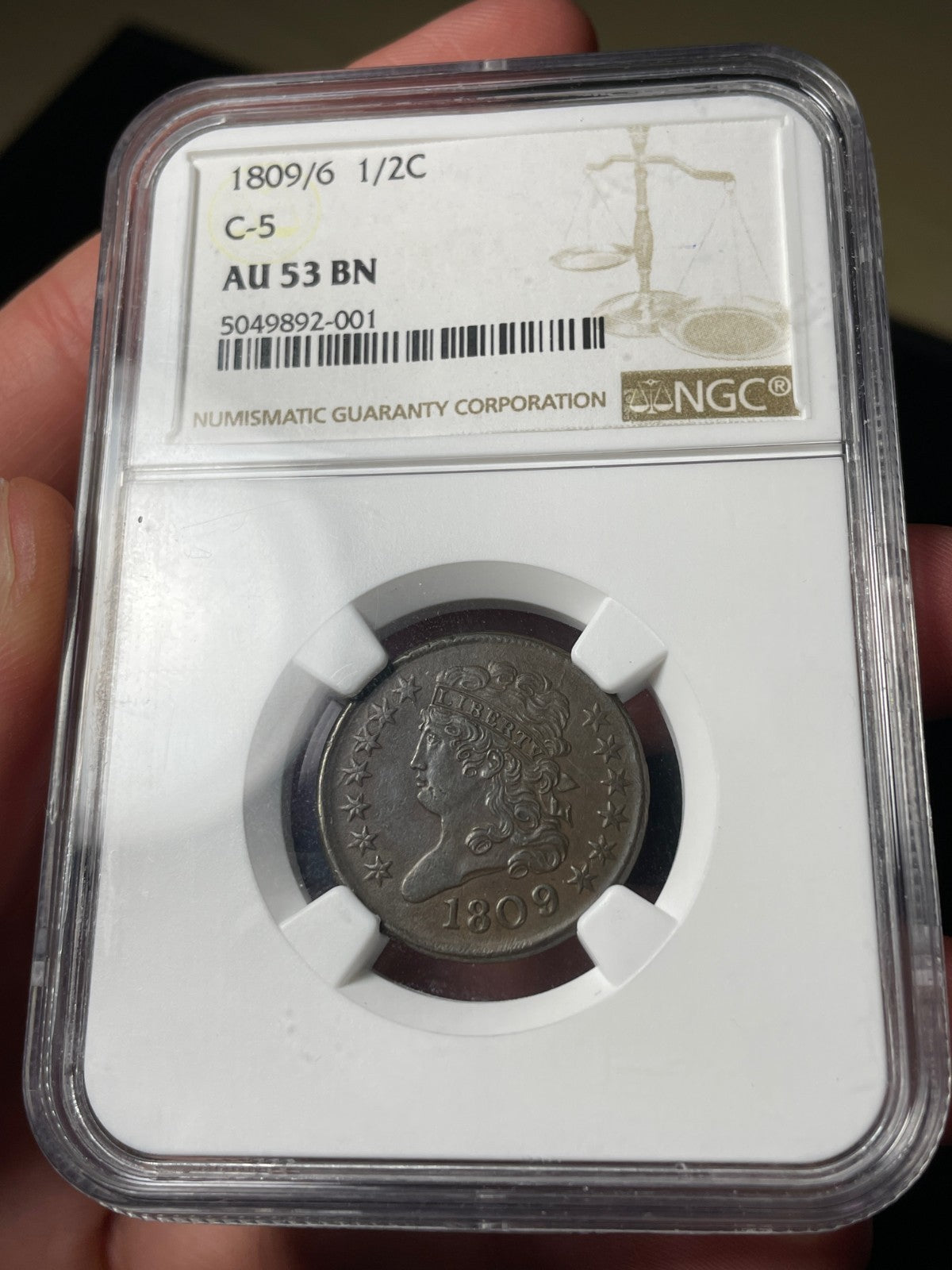 1809/6 NGC AU53 BN 9 Over Inverted 9 C-5 Classic Head Half Cent