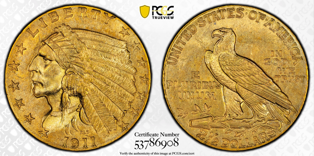 1911 PCGS MS64 Gold Indian $2.5 Quarter Eagle Toned Tougher Date