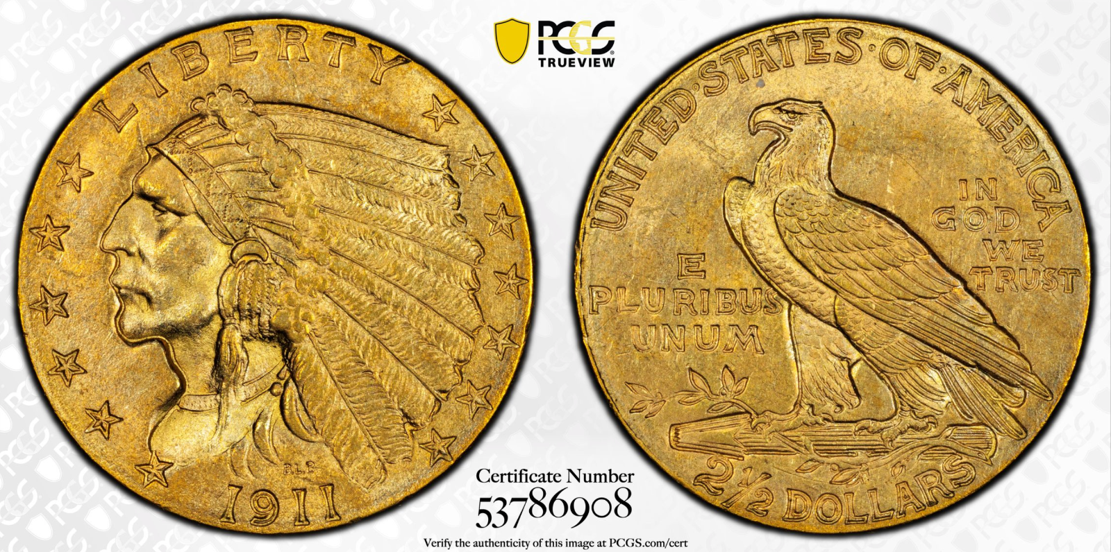 1911 PCGS MS64 Gold Indian $2.5 Quarter Eagle Toned Tougher Date