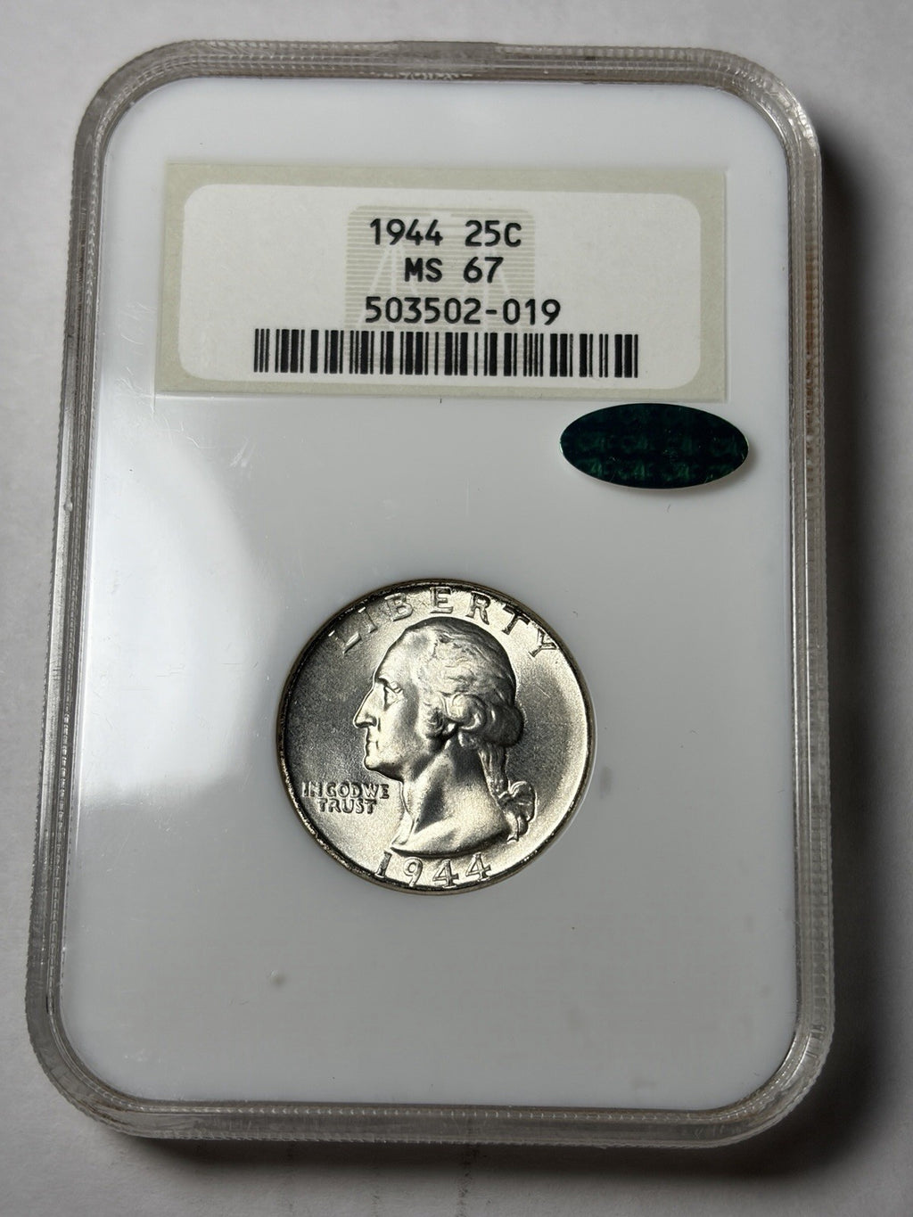 1944 NGC MS67 CAC Washington Silver Quarter Old Fatty Holder