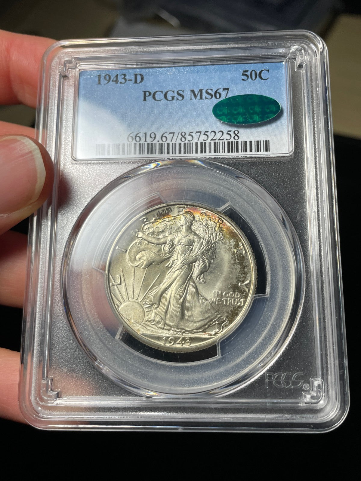1943-D PCGS MS67 CAC Walking Liberty Half Dollar Toned