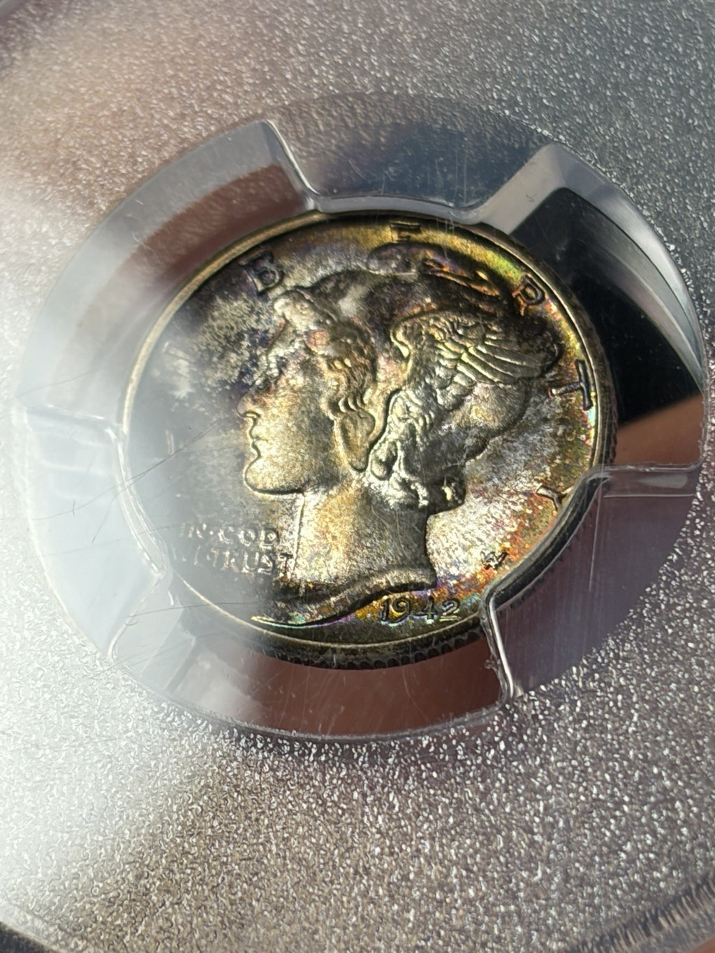 1942-D PCGS MS68 FB CAC Mercury Silver Dime Toned Toning
