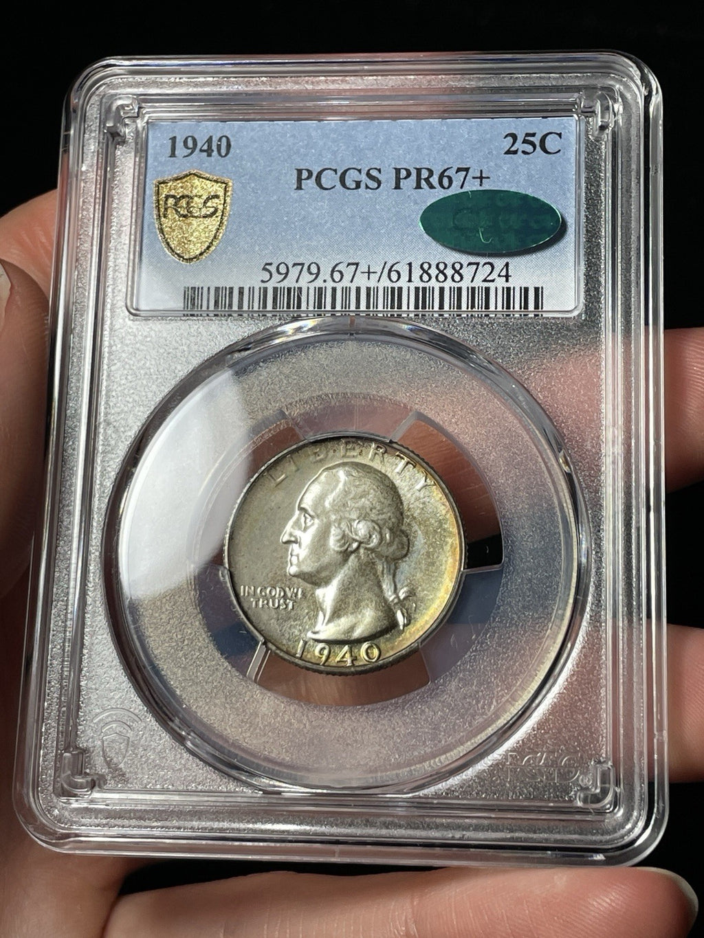 1940 PCGS PR67+ CAC Washington Silver Quarter Toned
