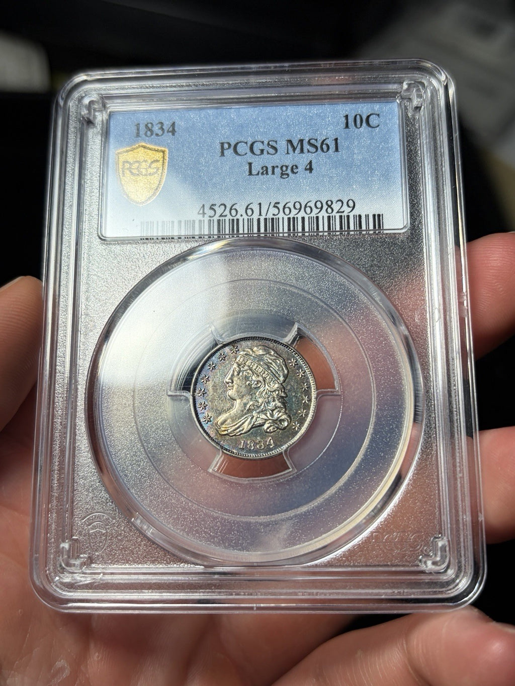 1834 PCGS MS61 Large 4 Capped Bust Silver Dime Toned