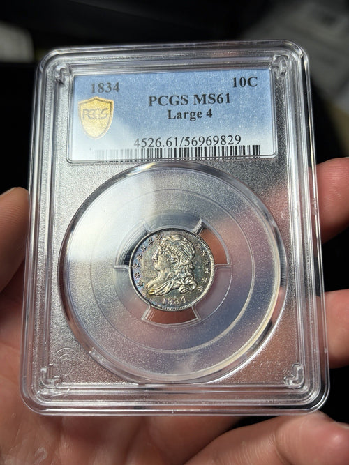 1834 PCGS MS61 Large 4 Capped Bust Silver Dime Toned