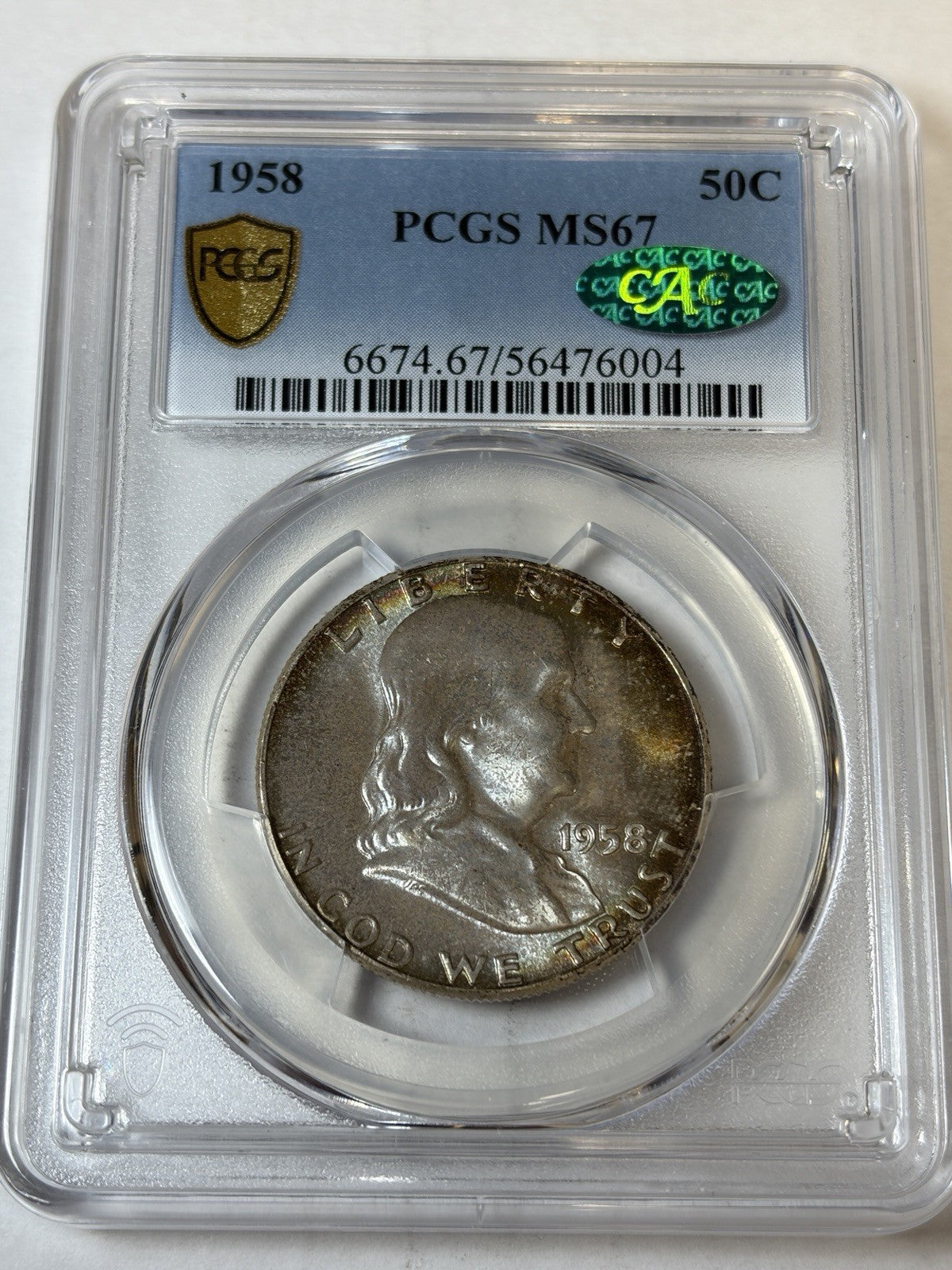 1956 PCGS MS67 CAC Franklin Half Dollar Toned