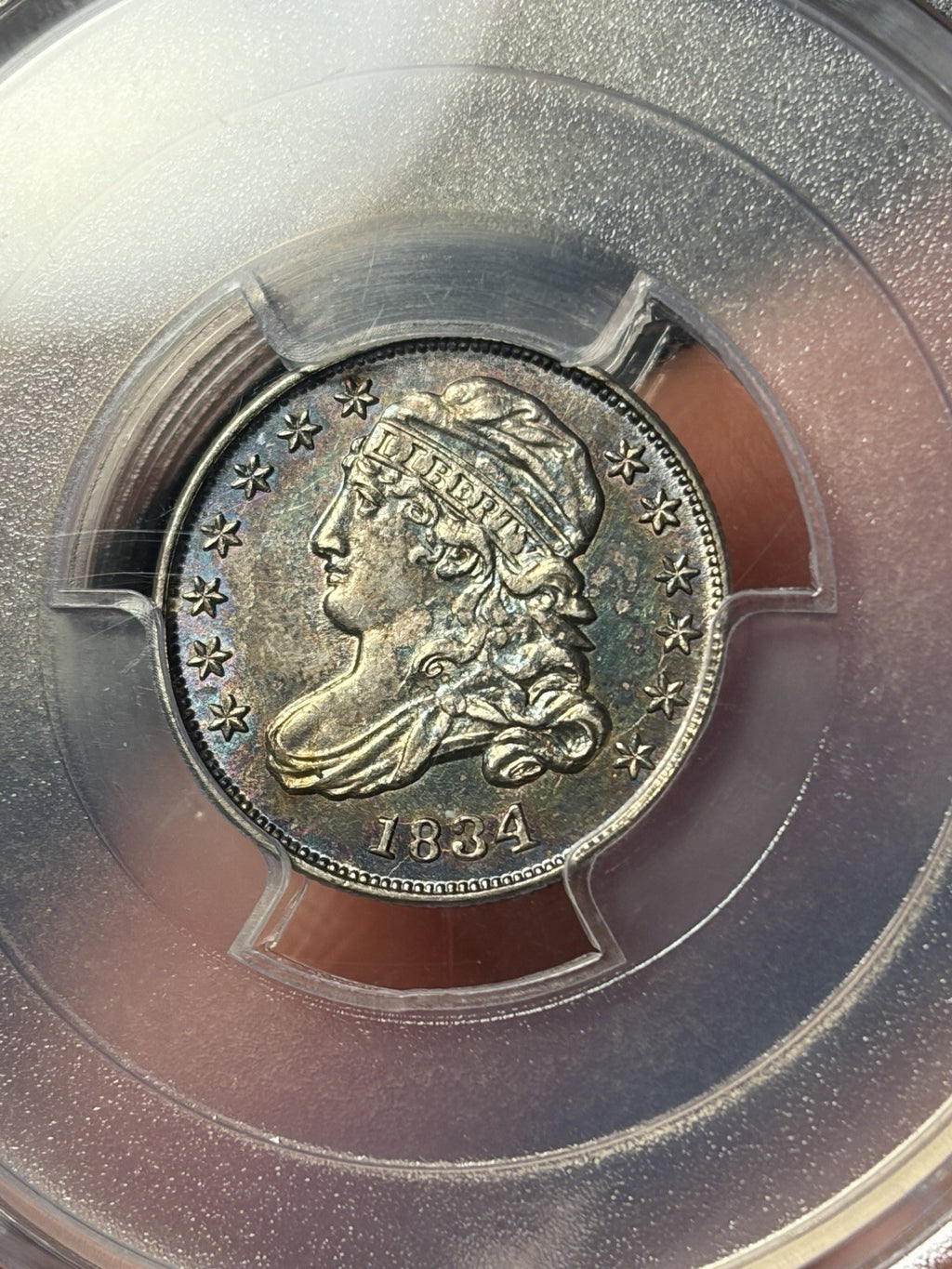 1834 PCGS MS61 Large 4 Capped Bust Silver Dime Toned