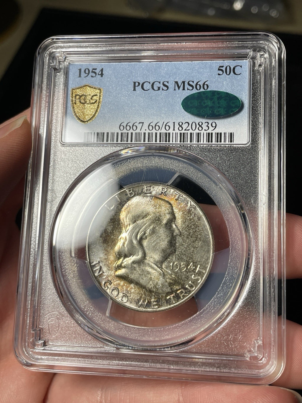 1954 PCGS MS66 CAC Franklin Half Dollar Toned Strong Bell Lines