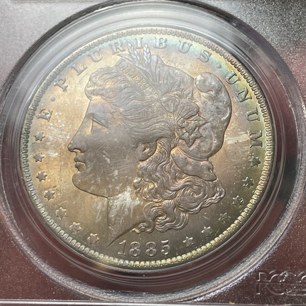 1885-O PCGS MS65 CAC Morgan Silver Dollar Dual Sided Toner PQ Coin