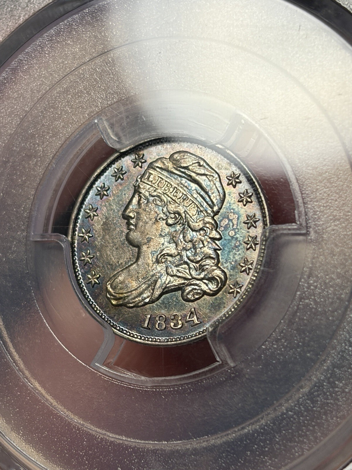 1834 PCGS MS61 Large 4 Capped Bust Silver Dime Toned