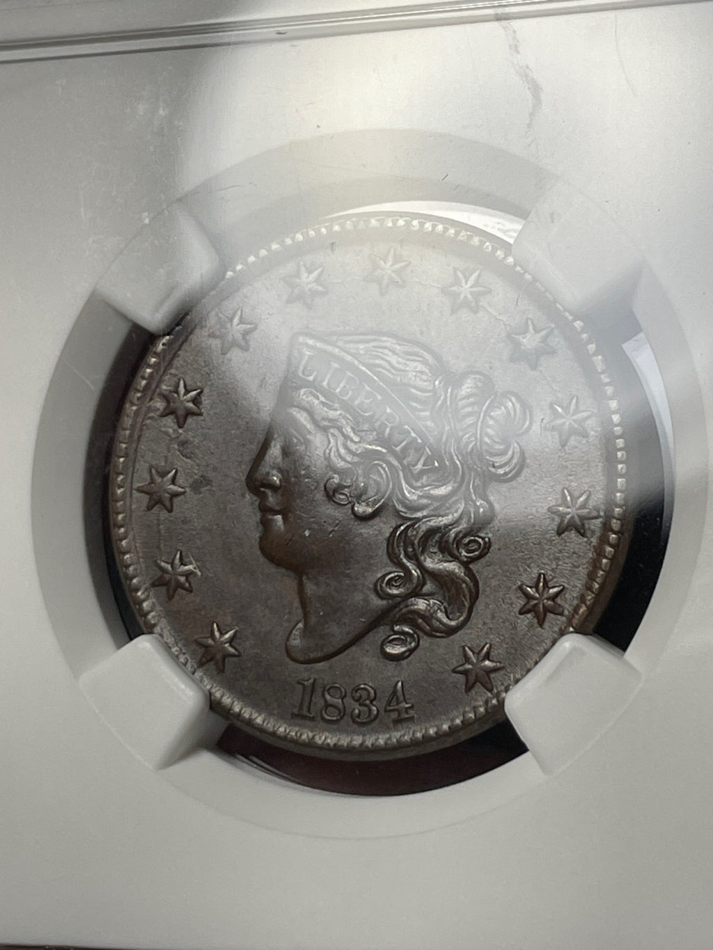 1834 NGC AU55 BN Coronet Hair Large Cent Small 8