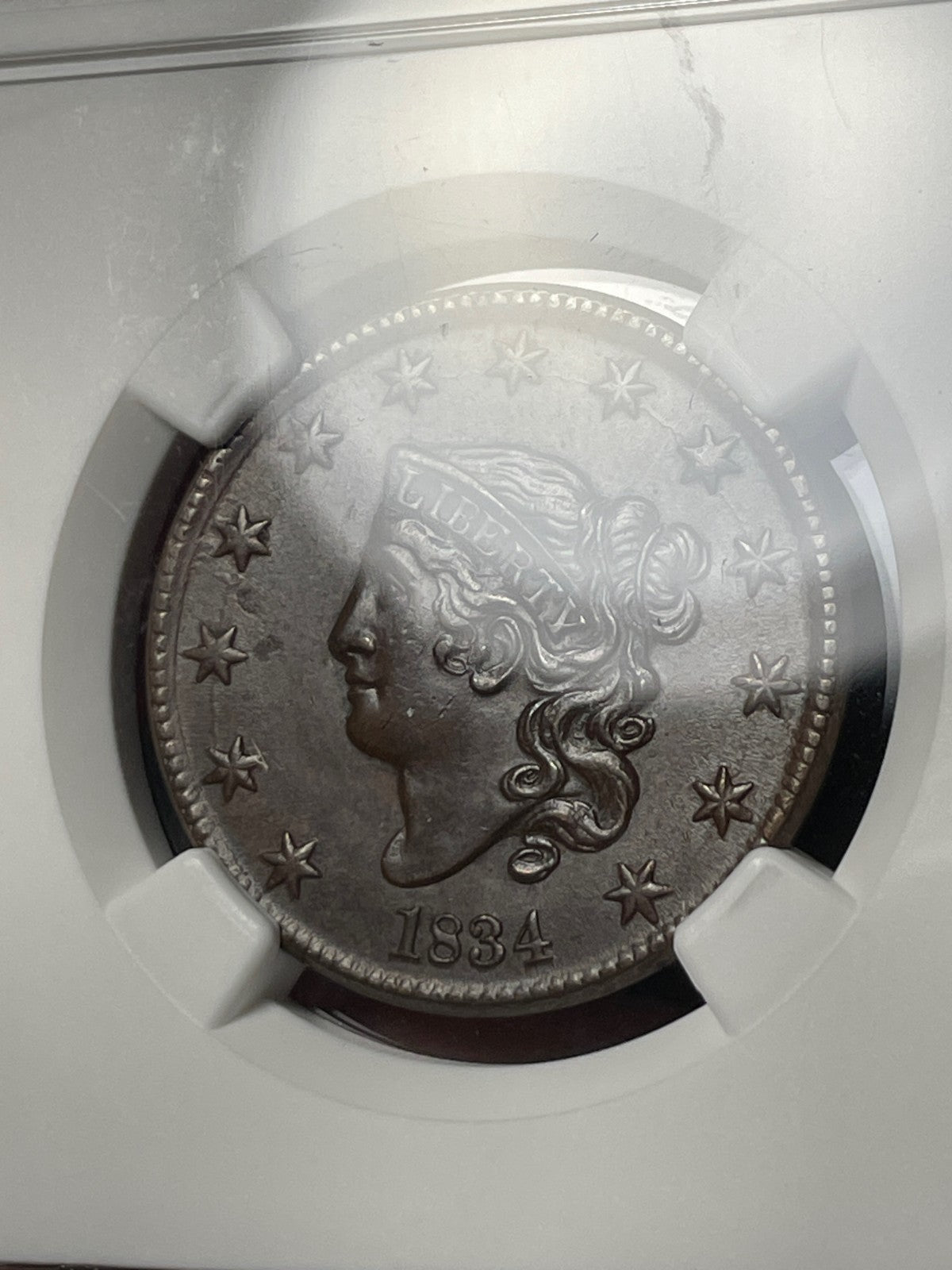 1834 NGC AU55 BN Coronet Hair Large Cent Small 8