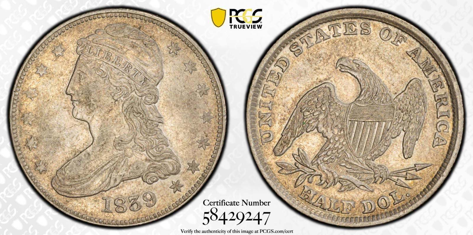 1839 PCGS AU53 Capped Bust Half Dollar Original Look