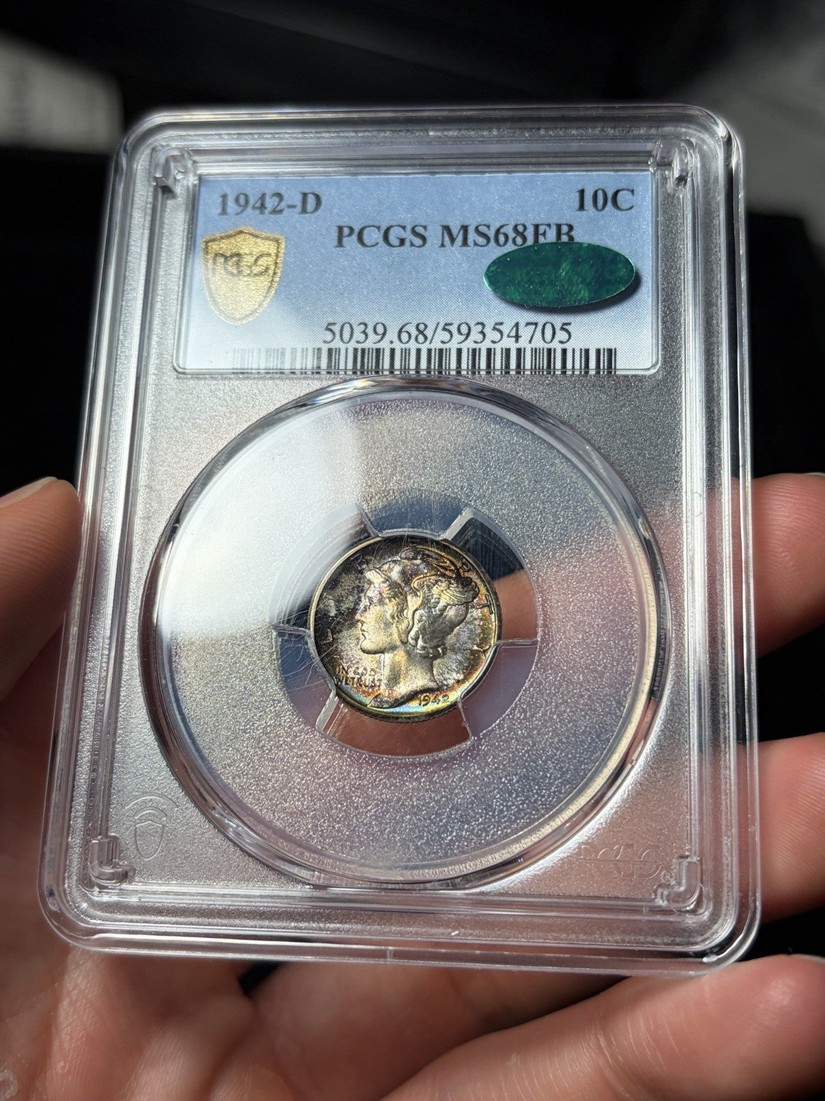 1942-D PCGS MS68 FB CAC Mercury Silver Dime Toned Toning