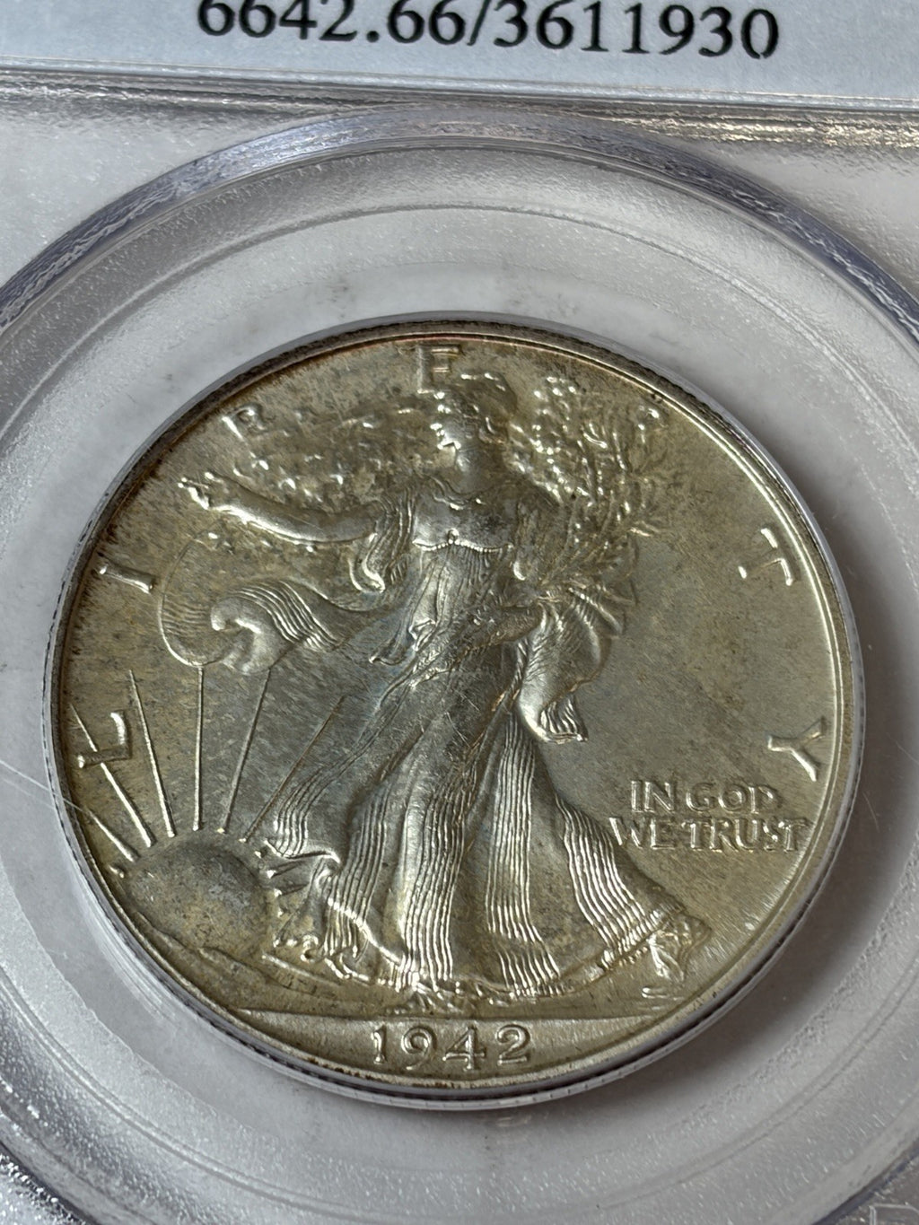 1942 PCGS PR66 CAC Walking Liberty Half Dollar Toned