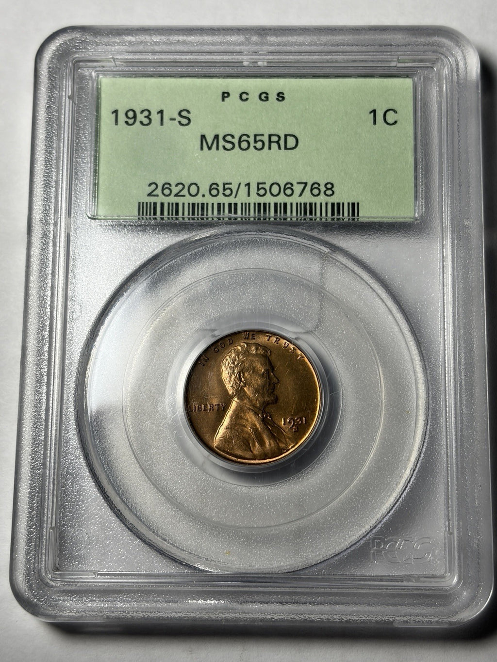1931-S PCGS MS65 RD Lincoln Wheat Cent Old Green Holder OGH