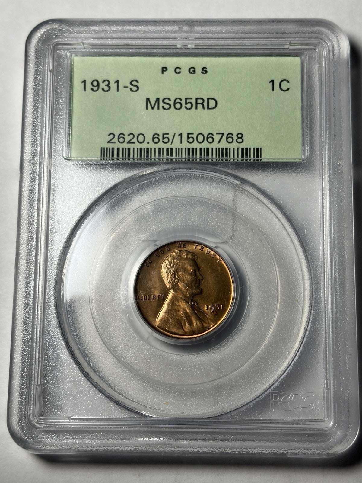 1931-S PCGS MS65 RD Lincoln Wheat Cent Old Green Holder OGH