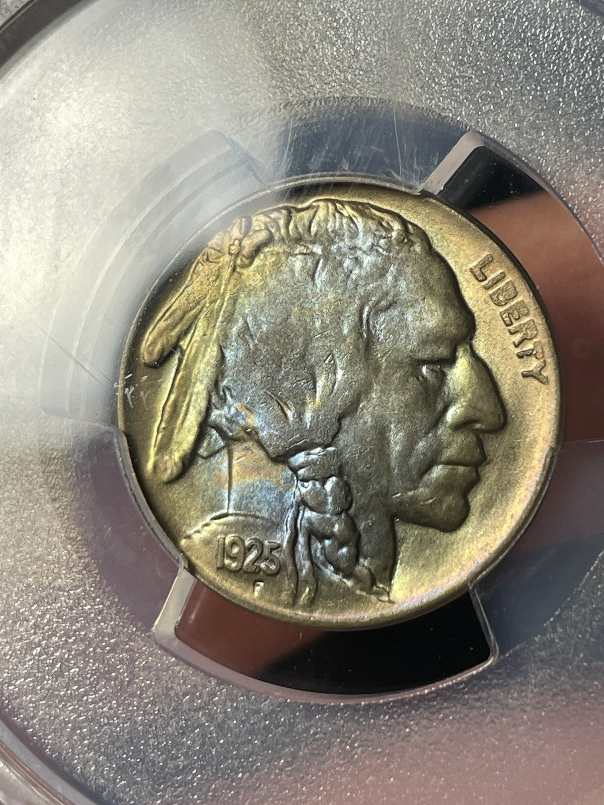 1925-D PCGS MS65 Buffalo Nickel Toned Blue And Gold
