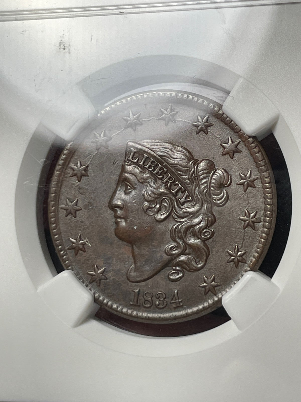 1834 NGC AU55 BN Coronet Hair Large Cent Small 8