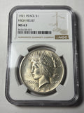 1921 NGC MS63 Peace Silver Dollar High Relief