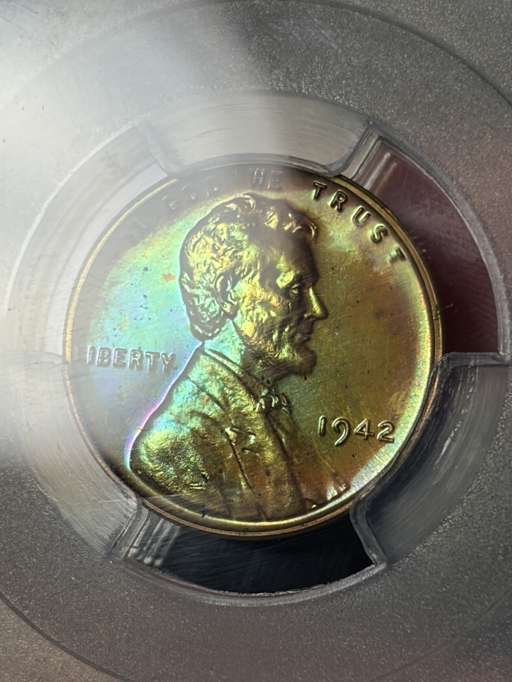 1942 PCGS PR65 BN Lincoln Wheat Cent Incredible Monster Toned Neon Green Blue