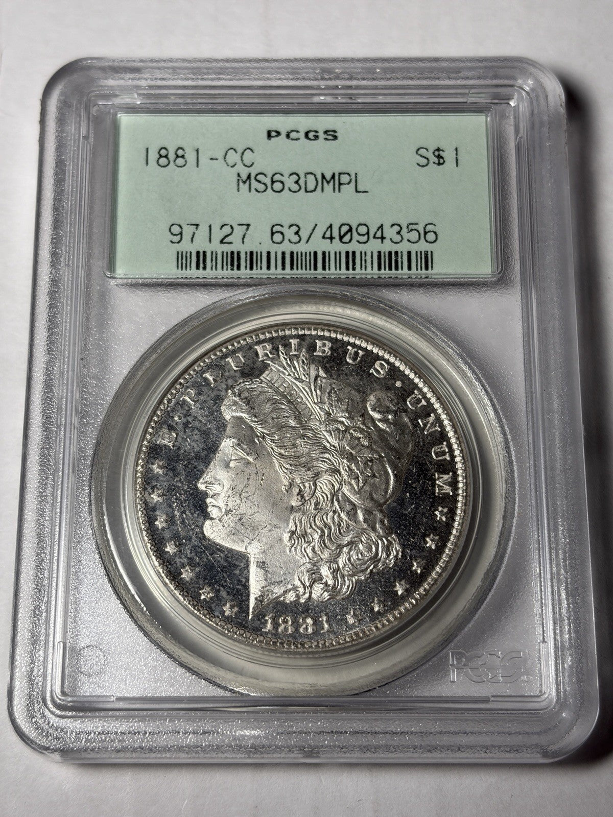 1881-CC PCGS MS63 DMPL Morgan Silver Dollar Old Green Holder