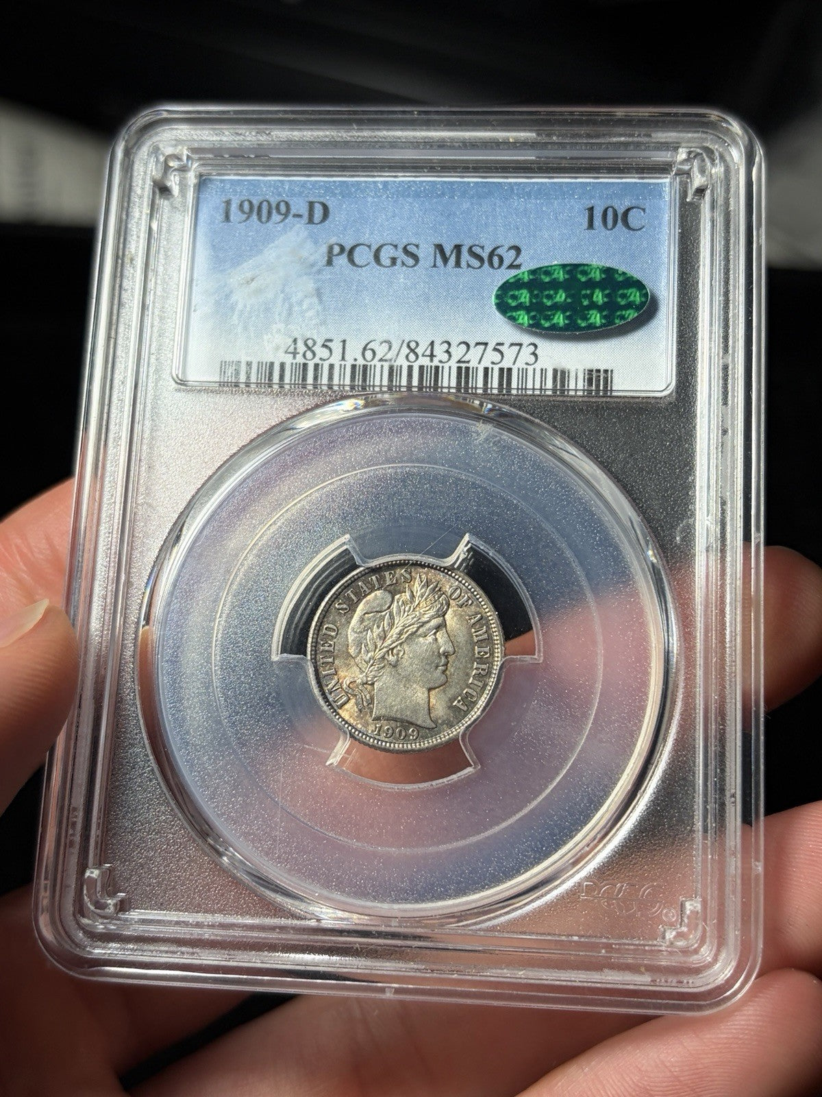 1909-D PCGS MS62 CAC Barber Dime Toned