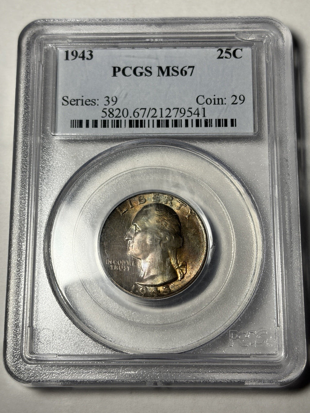 1943 PCGS MS67 Washington Silver Quarter Toned