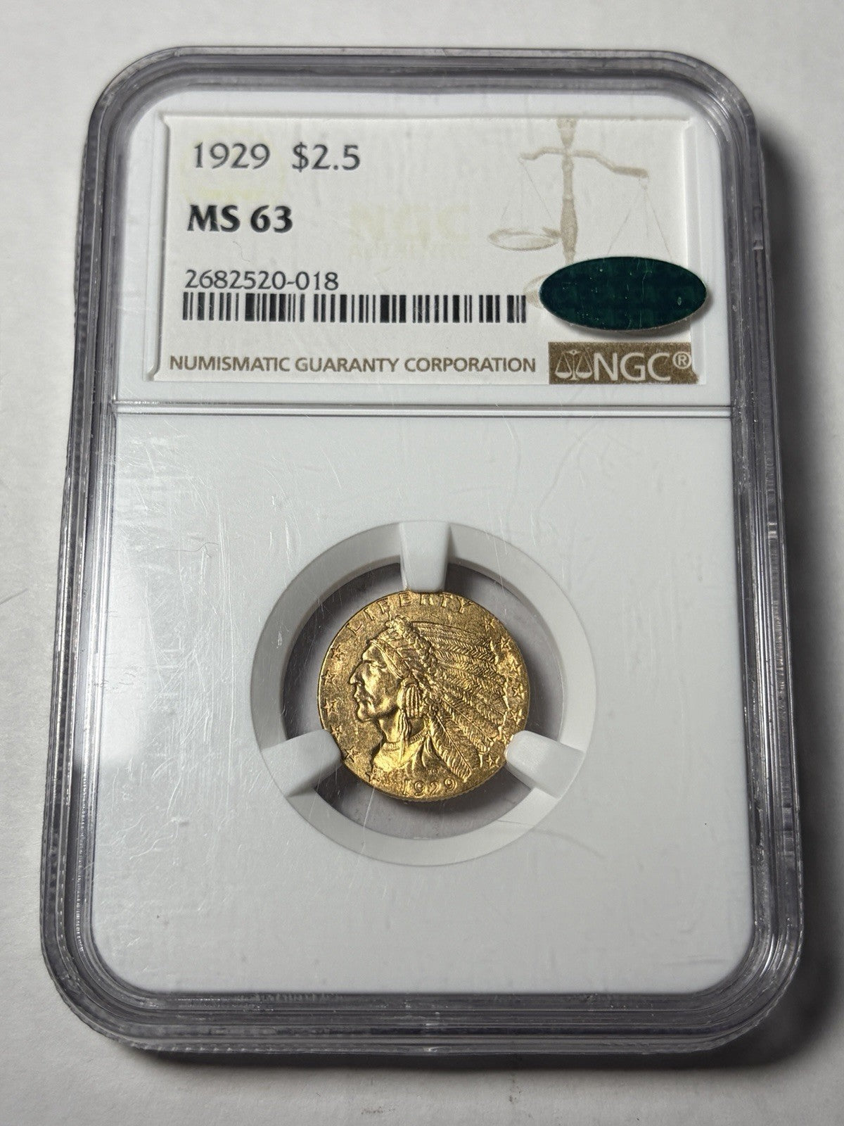 1929 NGC MS63 CAC Indian Head Gold Quarter Eagle