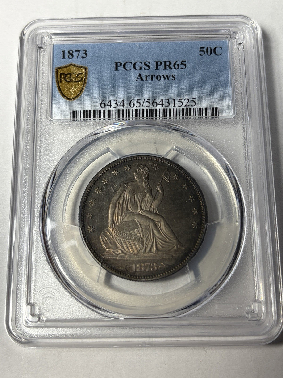 1873 PCGS PR65 Seated Liberty Half Dollar Witih Arrows Toned PROOF
