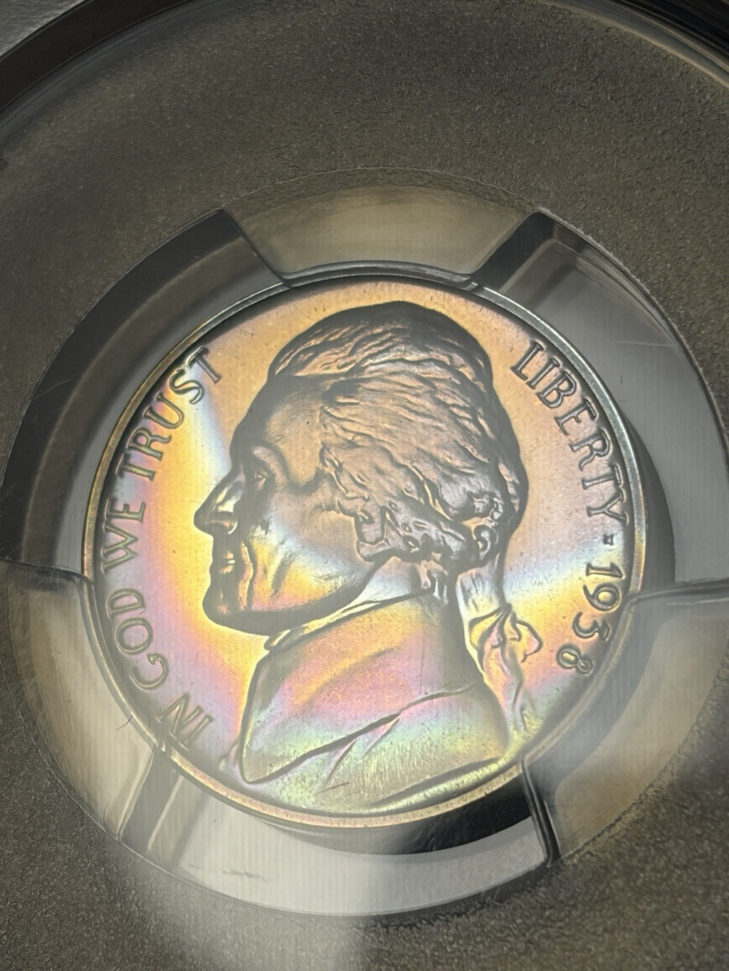 1938 PCGS PR68 Jefferson Nickel Proof Rainbow Toned