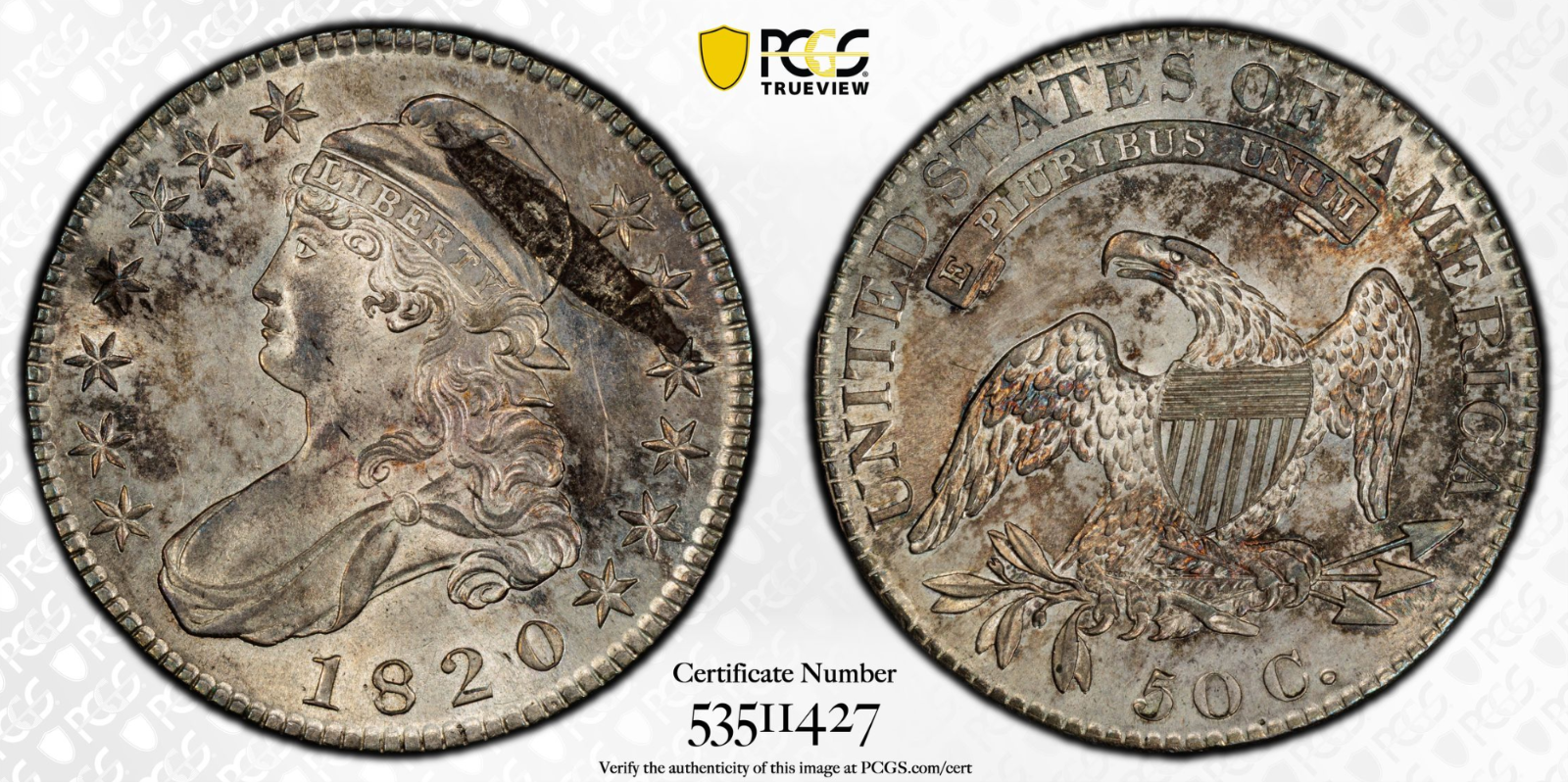 1820 PCGS UNC Detail Capped Bust Half Dollar Mint Error Obverse Lamination Sq 2