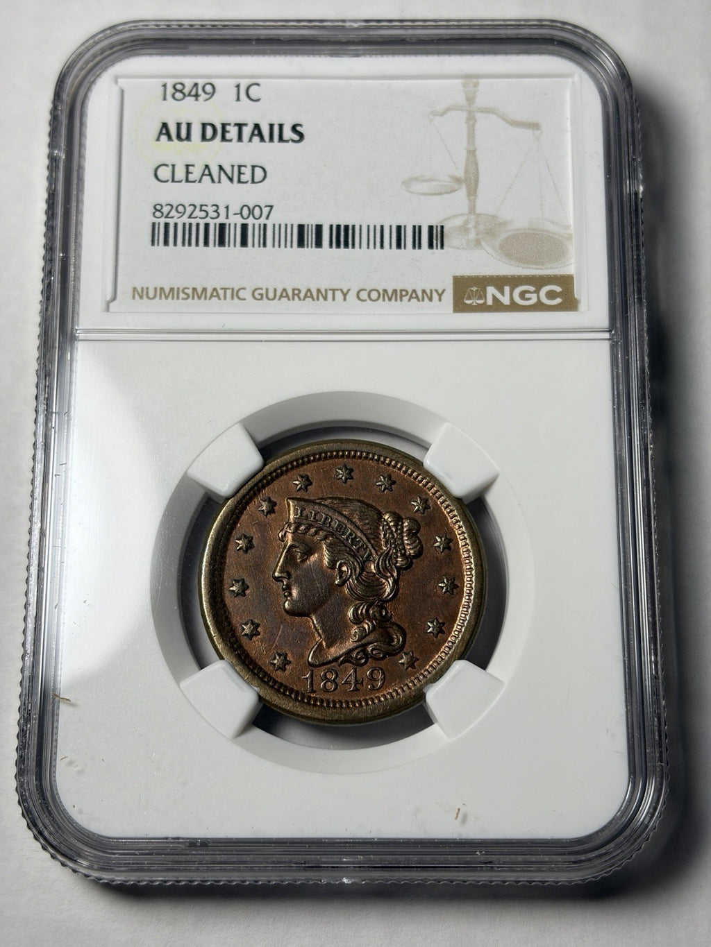 1849 NGC AU Details Braded Hair Large Cent