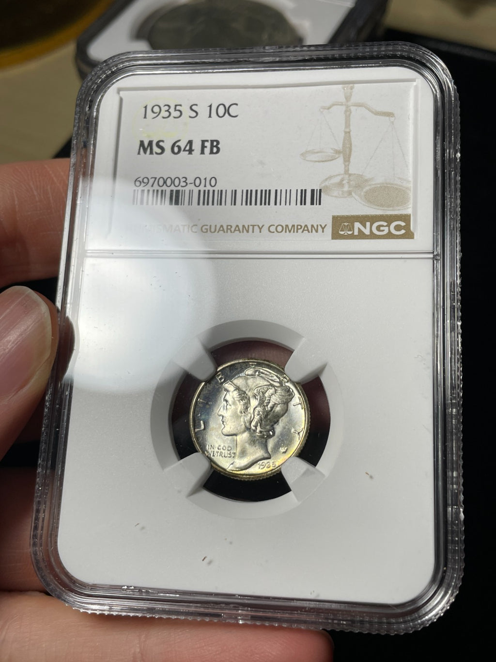 1935-S NGC MS64 FB Mercury Silver Dime Flashy Toned