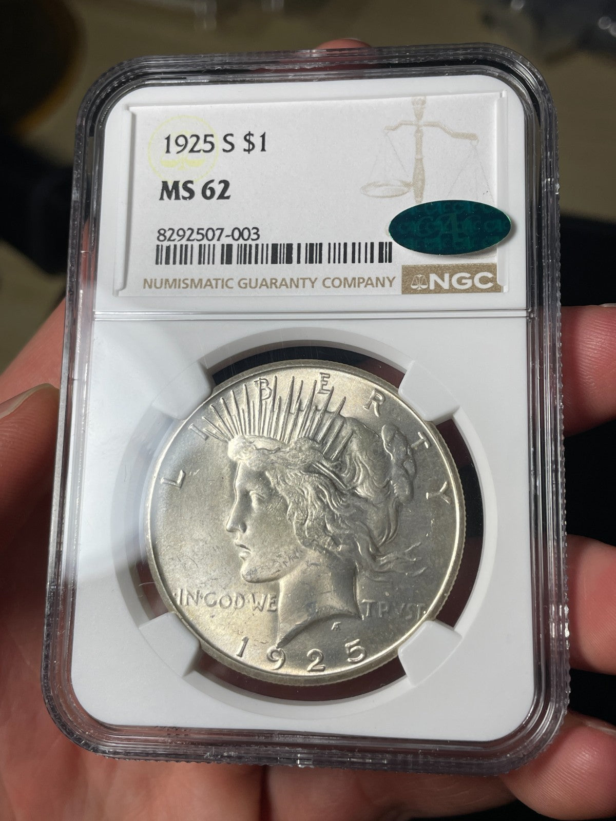 1925-S NGC MS62 CAC Peace Silver Dollar - EX. MS63 Tougher Date