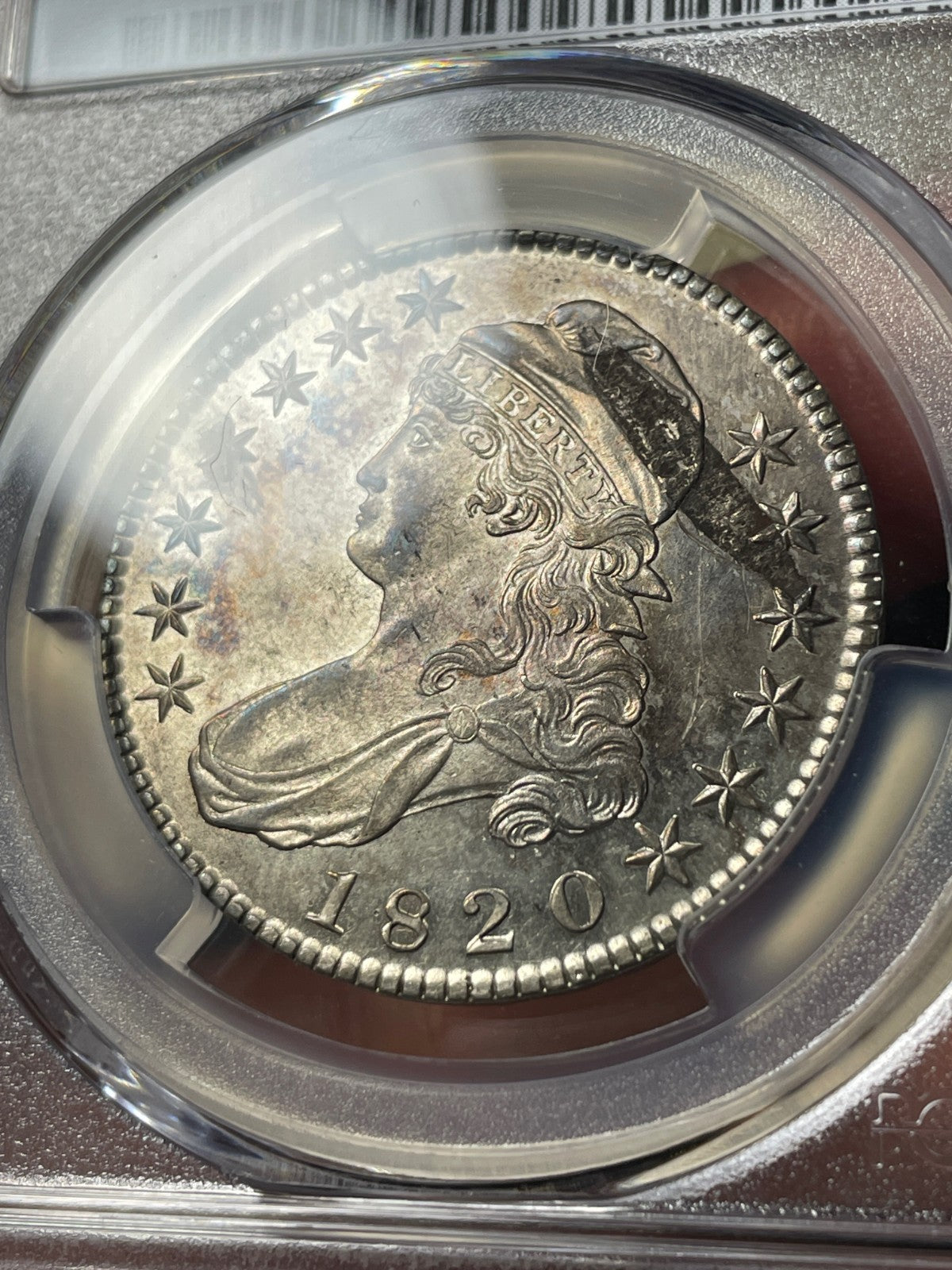 1820 PCGS UNC Detail Capped Bust Half Dollar Mint Error Obverse Lamination Sq 2