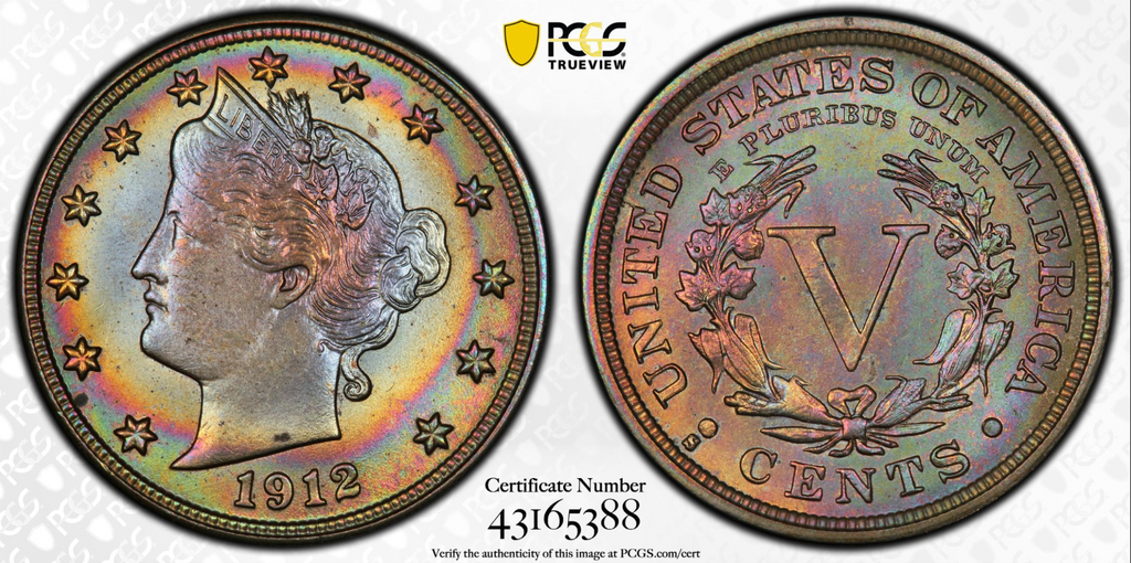 1912-S PCGS MS66 Liberty V Nickel Key Date Rainbow Toning WOW!