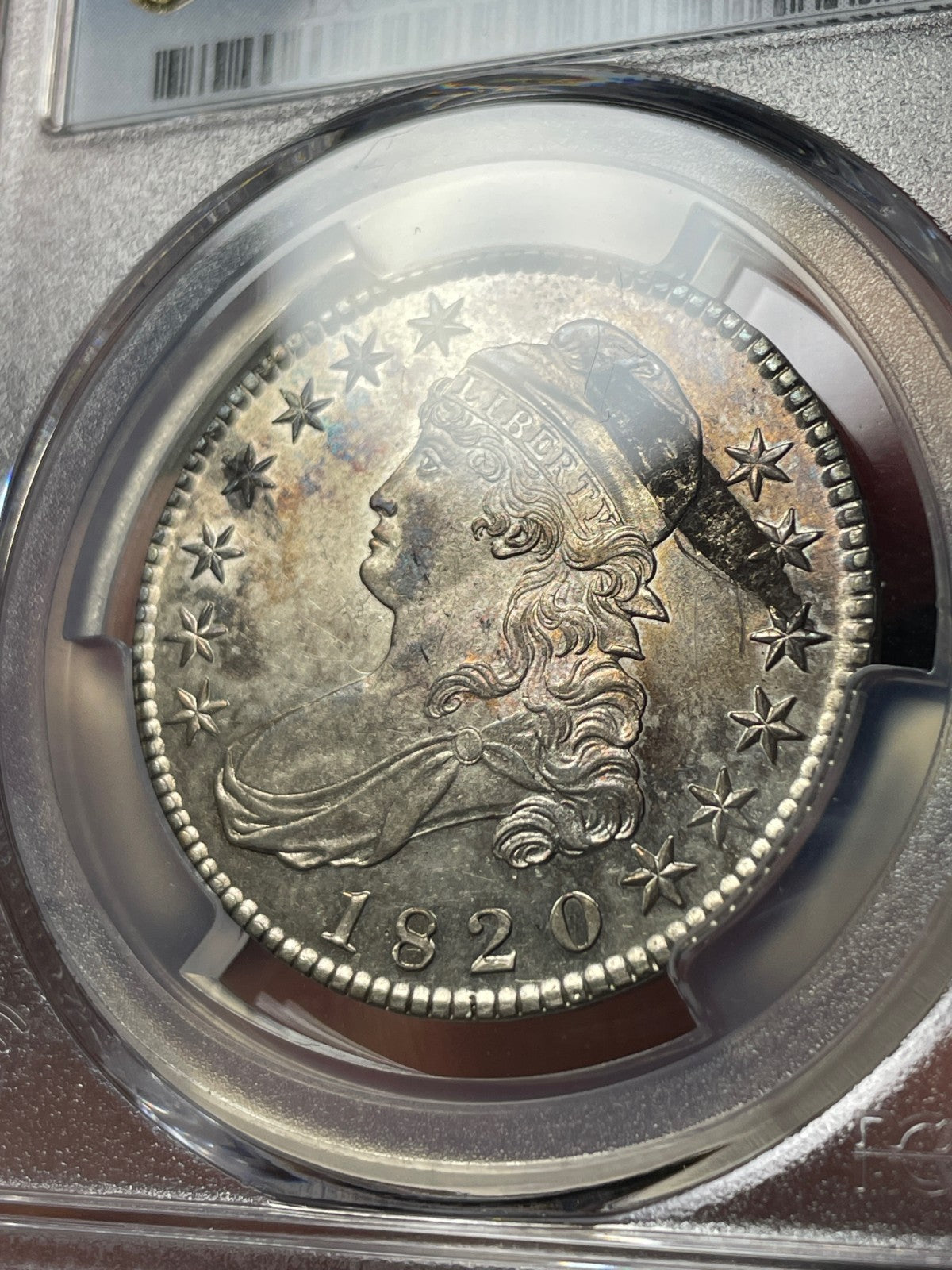 1820 PCGS UNC Detail Capped Bust Half Dollar Mint Error Obverse Lamination Sq 2
