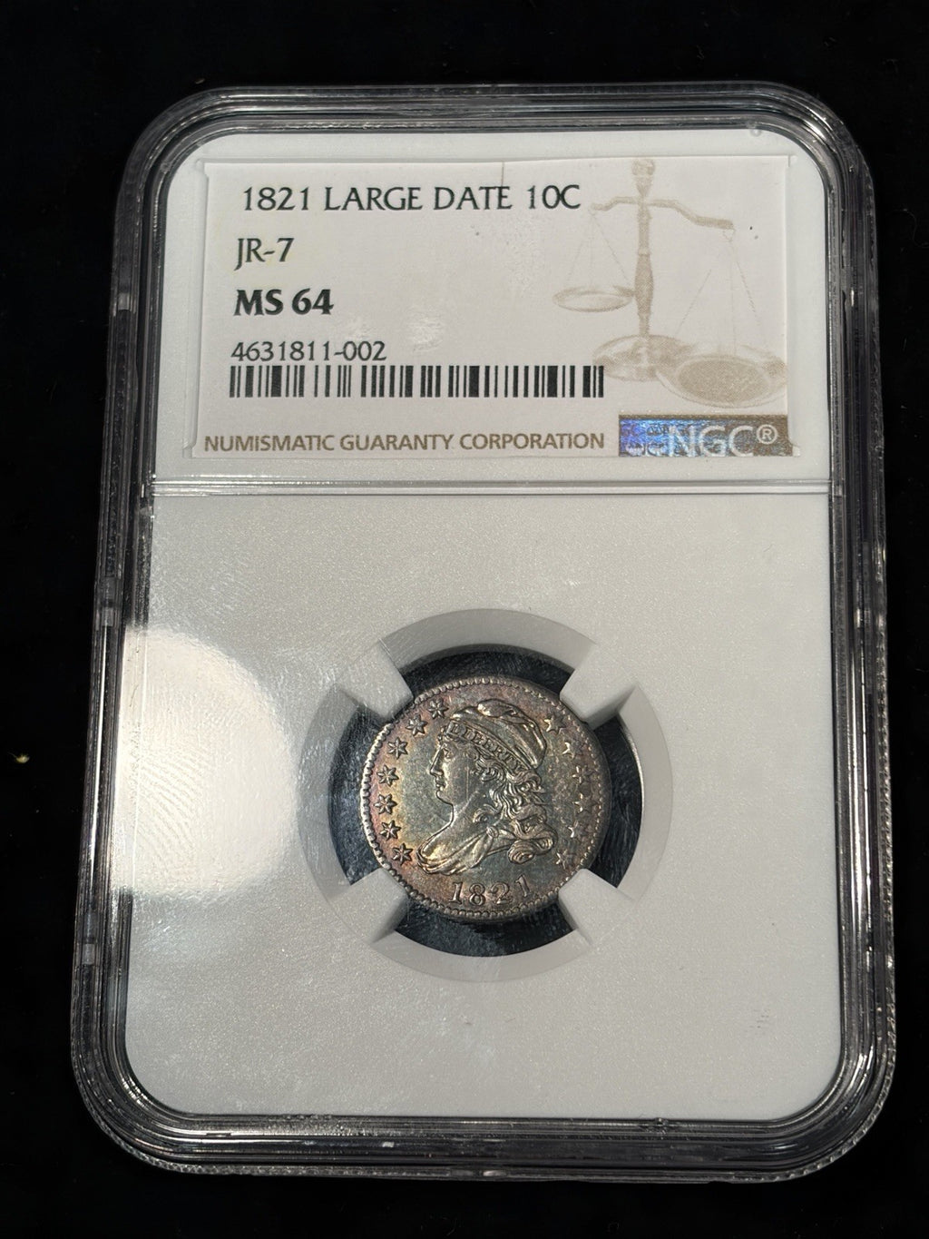 1821 NGC MS64 Large Date Capped Bust Dime JR-7