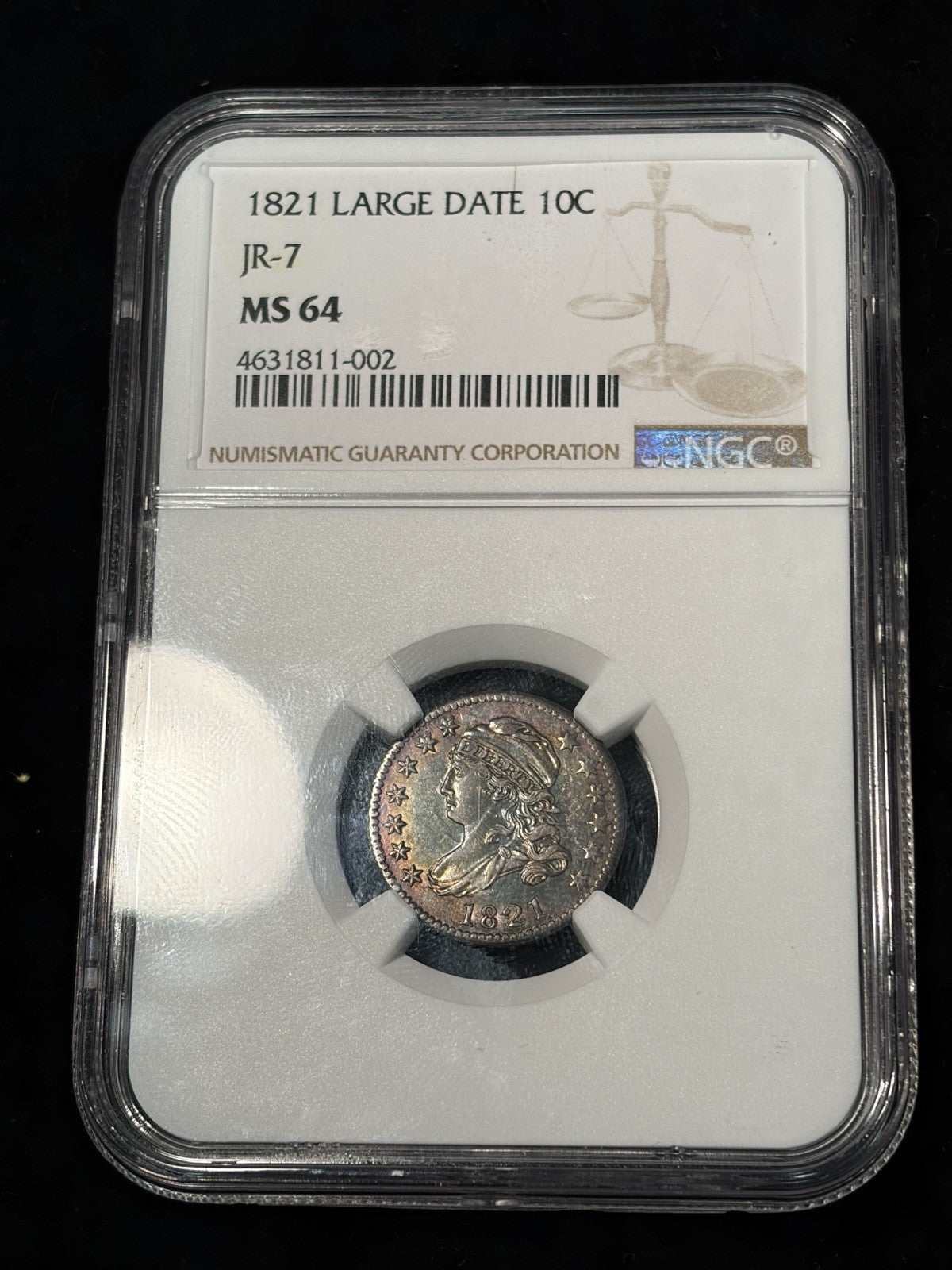 1821 NGC MS64 Large Date Capped Bust Dime JR-7