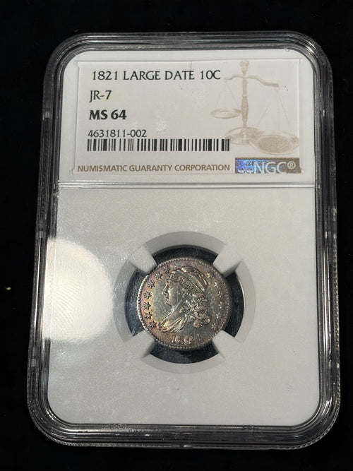 1821 NGC MS64 Large Date Capped Bust Dime JR-7