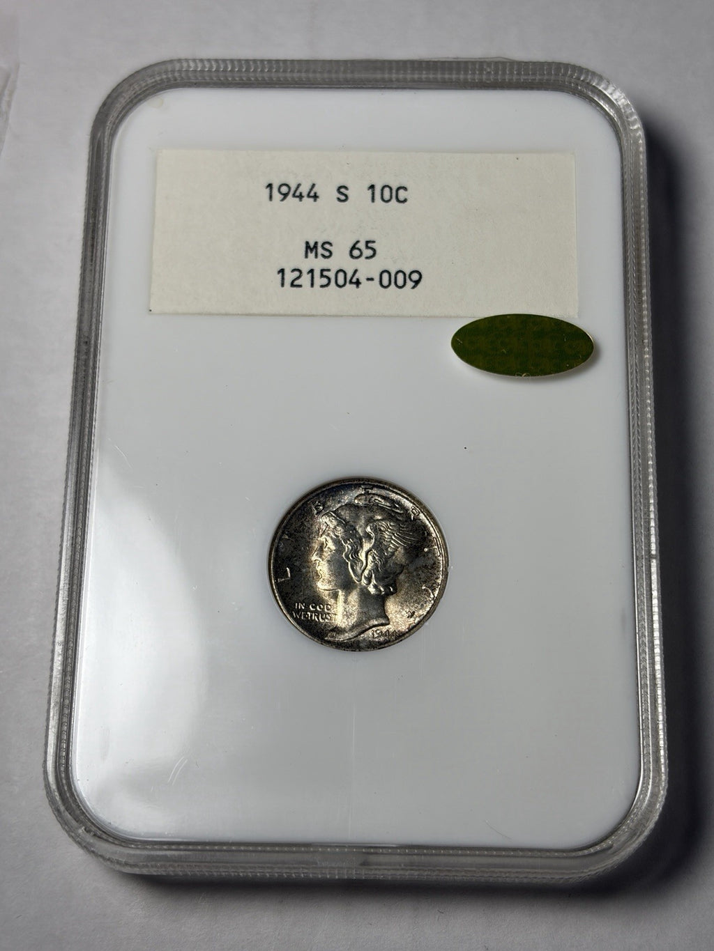 1944-S NGC MS65 GOLD CAC Mercury Dime Toned White Label Fatty 2.0!