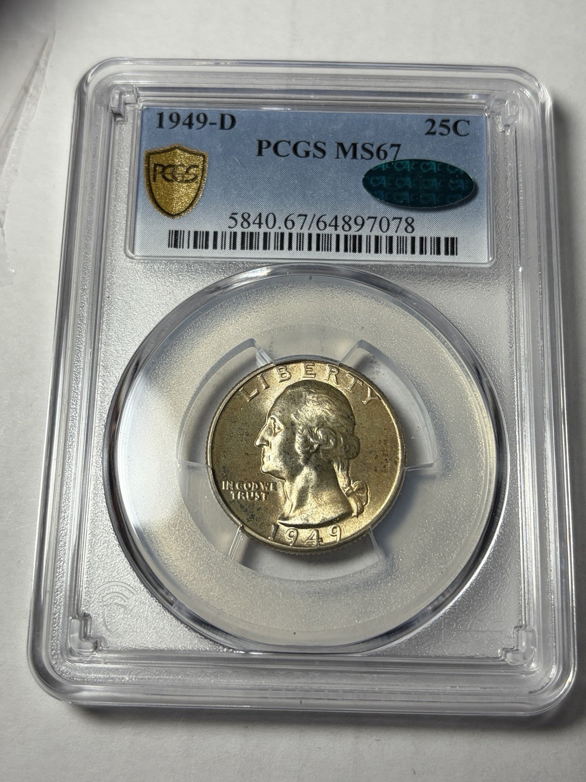 1949-D PCGS MS67 CAC Washington Silver Quarter Toned