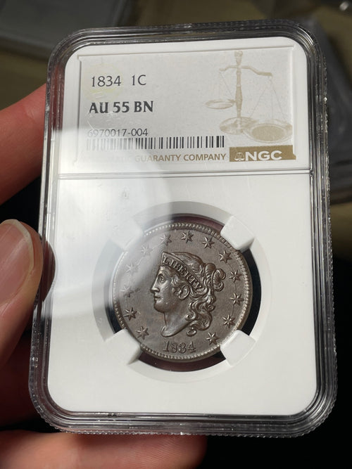 1834 NGC AU55 BN Coronet Hair Large Cent Small 8