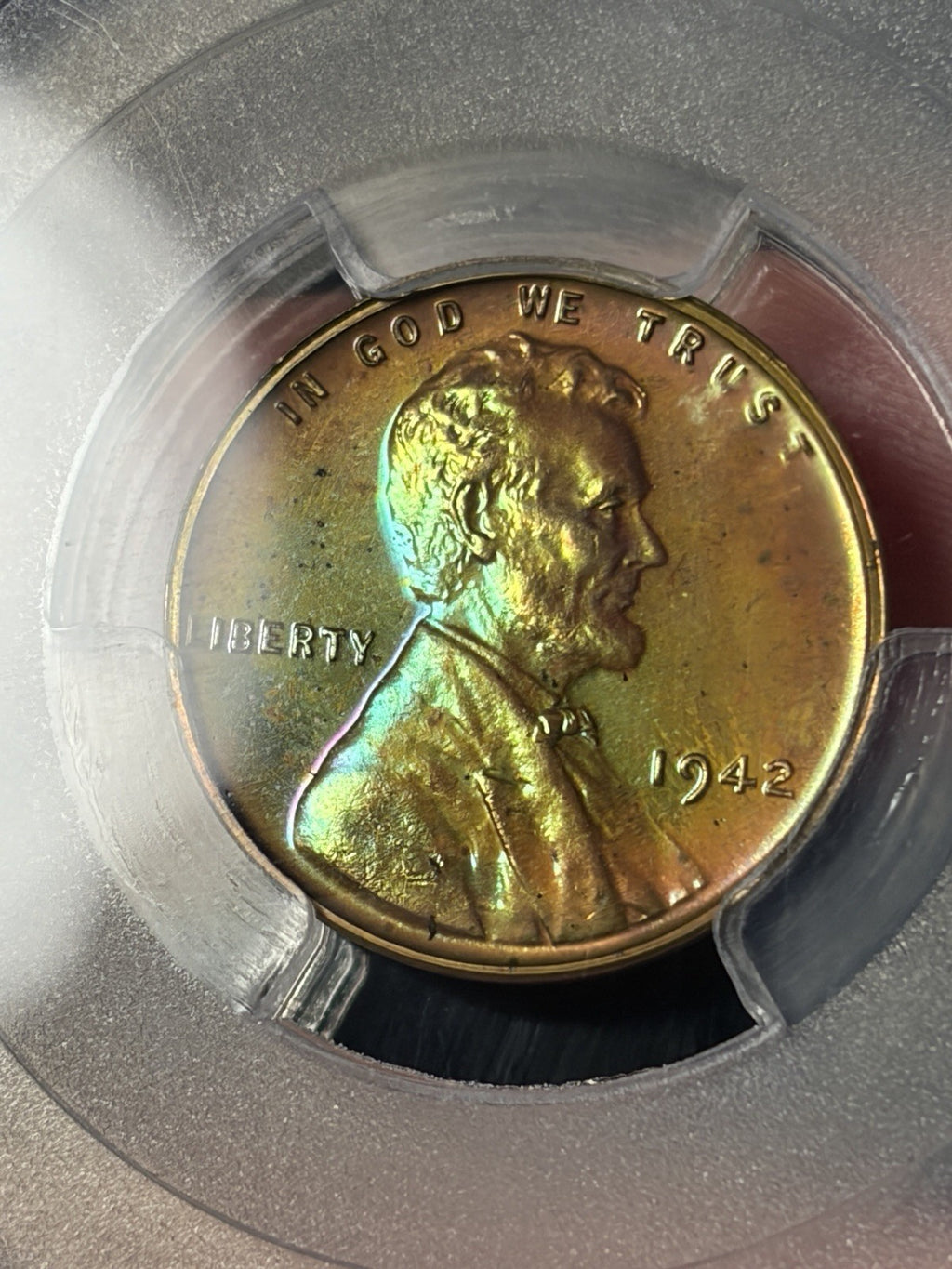 1942 PCGS PR65 BN Lincoln Wheat Cent Incredible Monster Toned Neon Green Blue