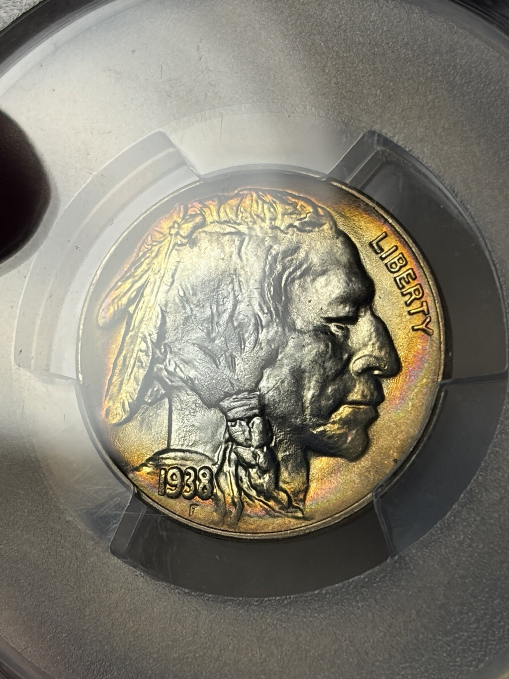 1938-D/S PCGS MS67+ Buffalo Nickel Rainbow Toned