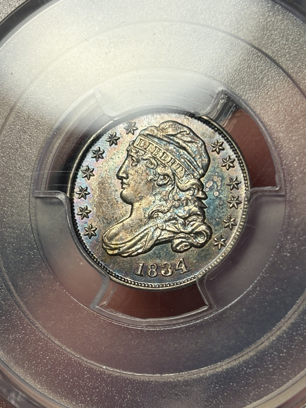 1834 PCGS MS61 Large 4 Capped Bust Silver Dime Toned