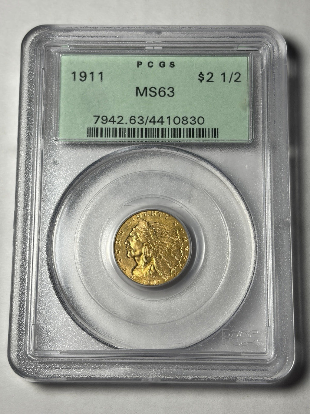 1911 PCGS MS63 Indian Head Gold Quarter Eagle $2.5 OGH Old Holder